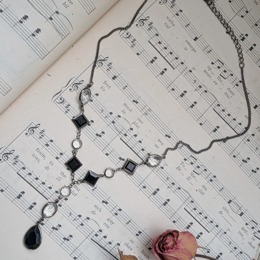 Vintage Silver-Tone Black Crystal Drop Necklace - Picture 11 of 13